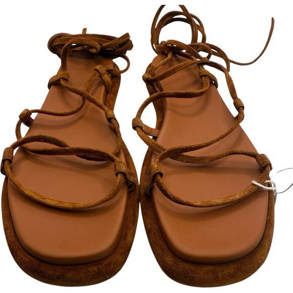 KHAITE Alba Brown Suede Leather Trimmed Strappy Tie Up Ankle Sandals Size 37 - Picture 5 of 15